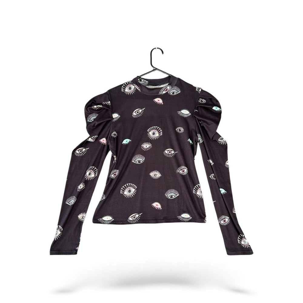 NYLON‎ APPAREL Women's Black Eye Print Mock Neck Puff Sleeve Top Size L